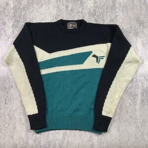 Vintage Tyrolia Sweater Mens Large Green Pullover Crewneck Knit Geometric Wool